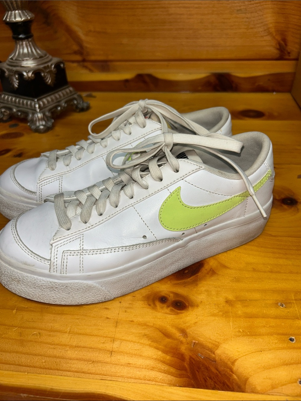 Nike Women's White Sneakers with Lime Swoosh Accent